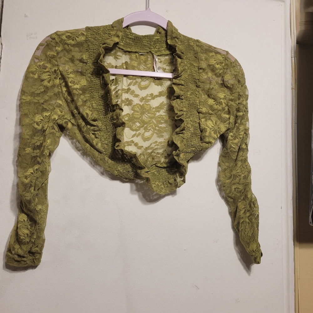 Color Story Open Front Bolero/Shrug Green & Gold Lace Fabric Crop Top Size M